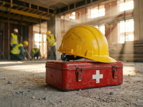 Construction site safety with yellow hardhat and red first aid kit on concrete floor