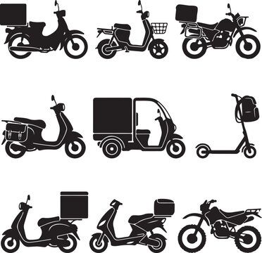 Delivery scooter silhouette set, 9 motorcycle and moped icons for food courier service, black motor bike and electric kick scooter vector collection