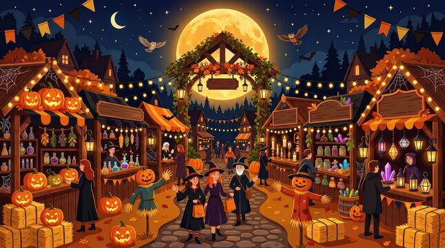 A whimsical night market scene featuring glowing jack o lanterns and festive decorations under a large bright full moon