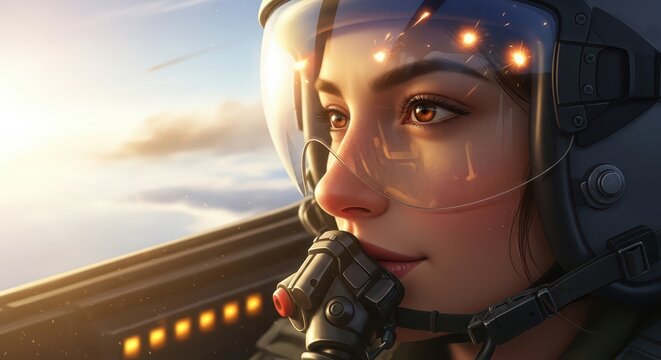 Female fighter pilot in cockpit, wearing helmet and oxygen mask, looking out at sky during flight