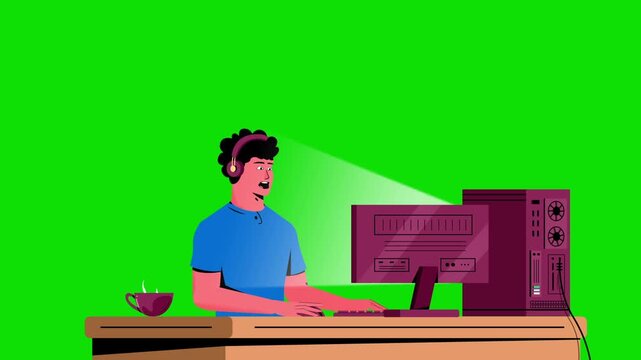 Cartoon Man using Desktop Computer with Headphones on Green Screen Animation