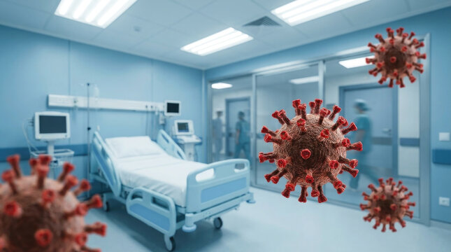 Hospital room with medical equipment and superimposed coronavirus cells illustration healthcare and pandemic concept