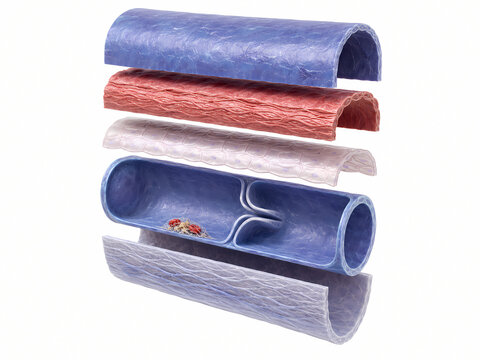 3D exploded view diagram of blood vessel layers showing tunica adventitia, media, intima, and valves