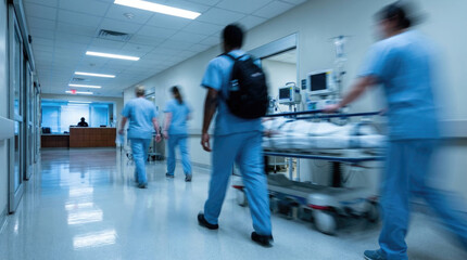 Fototapeta premium Blurred motion of medical staff in a busy hospital hallway with equipment and patients