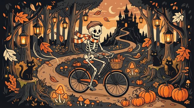 A whimsical skeleton riding a bicycle through a magical autumn forest filled with glowing jack o lanterns and spooky atmosphere