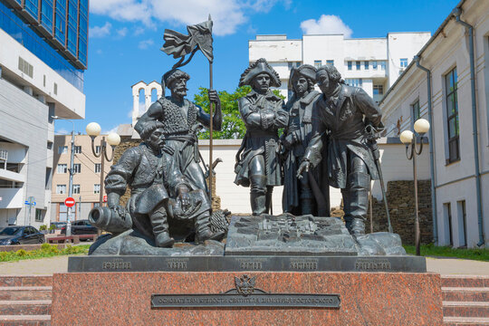 ROSTOV-ON-DON, RUSSIA - JULY 5, 2026: Monument to the founders of the fortress of St. Dmitry of Rostov (Rostov-on-Don) on a sunny July day