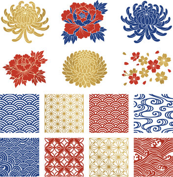 raditional Japanese Style Floral Vector Set with Chrysanthemum Peony Cherry Blossoms and Seigaiha Asaba Geometric Seamless Pattern Swatches Collection