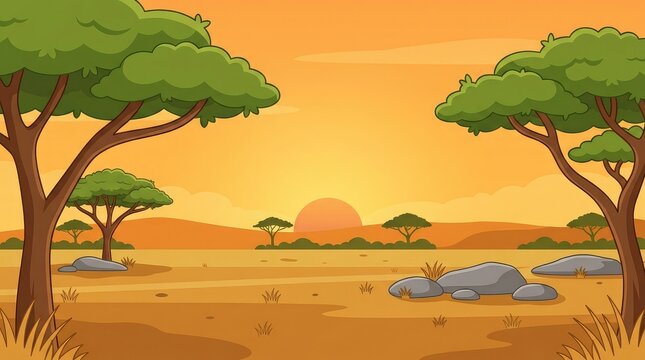Beautiful african savanna landscape with acacia trees and golden sunset sky in a flat vector illustration style