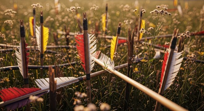 Field of Traditional Arrows with Colorful Feathers Stuck in the Ground Amidst Wildflowers at Sunset