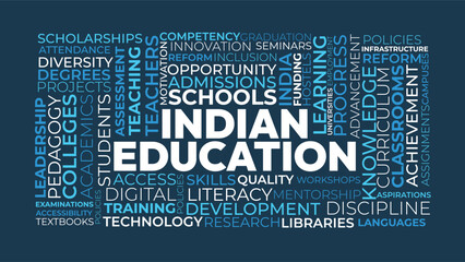Indian Education Word Cloud Design for School Poster, Academic Learning Print. Indian Education bold blue typography © WordNest