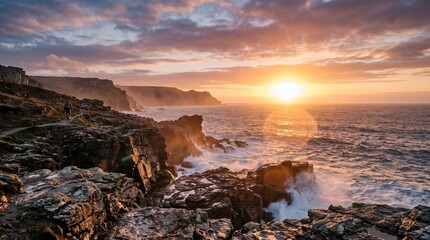 Obraz premium Dramatic Rocky Cliff Coastline with Hiker Overlooking Ocean Waves at Sunset