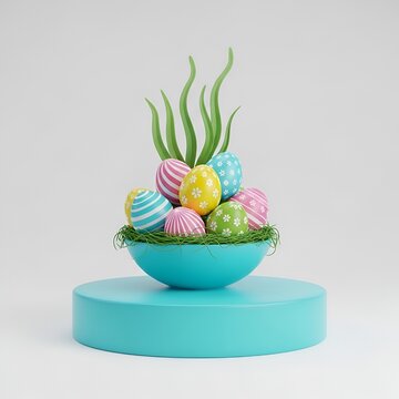 Colorful Easter Eggs In Blue Bowl Setup