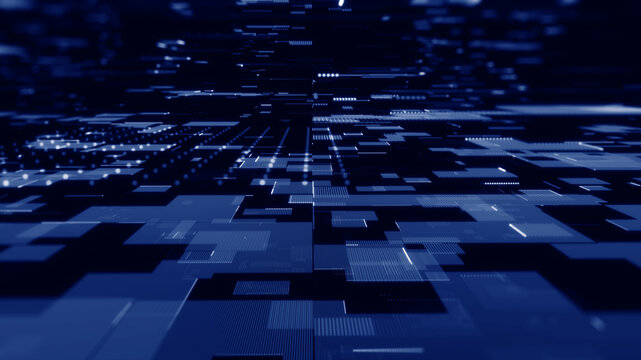 Abstract digital technology background featuring layered data grids and geometric blocks. Ideal for AI computing, big data, cloud infrastructure, cybersecurity, digital transformation, and future netw