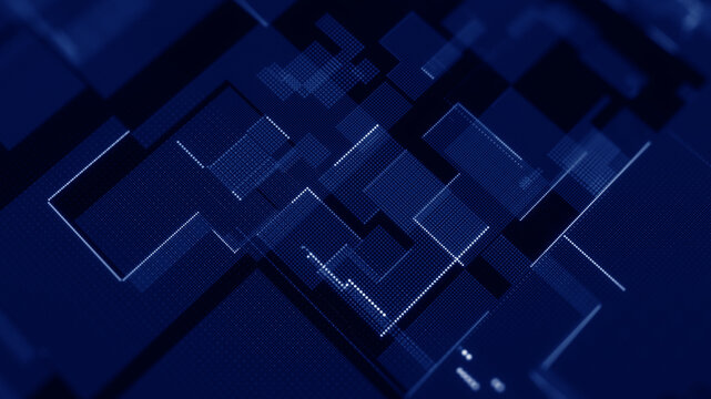 Abstract digital technology background featuring layered data grids and geometric blocks. Ideal for AI computing, big data, cloud infrastructure, cybersecurity, digital transformation, and future netw