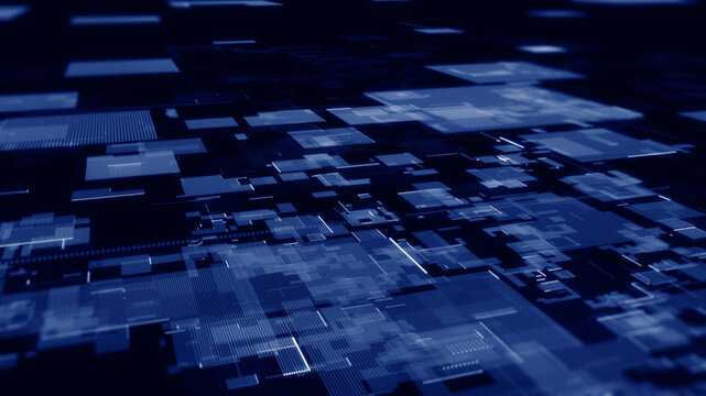 Abstract digital technology background featuring layered data grids and geometric blocks. Ideal for AI computing, big data, cloud infrastructure, cybersecurity, digital transformation, and future netw