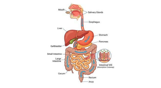 Human digestive system anatomy diagram with medical labels showing internal organs and intestinal villi cutaway