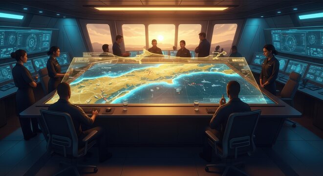 Futuristic war room control center with holographic map and team planning strategy at command bridge