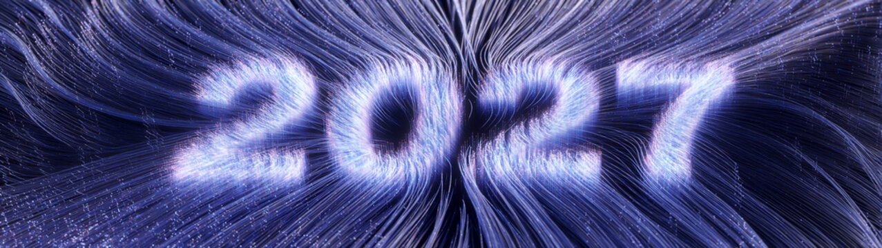 Numeric 2027 formed by flowing light strands in dark field