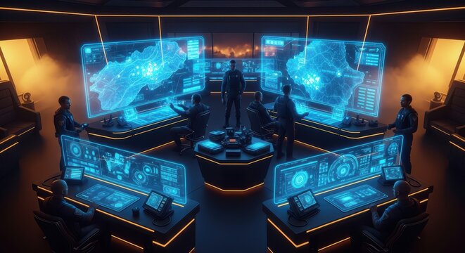 Futuristic control room with scientists analyzing holographic data displays and world maps on large screens