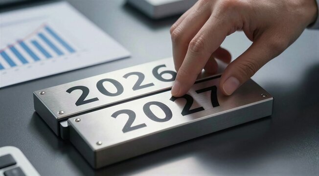 Hand switching year tiles on modern office workstation