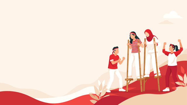 Diverse Group of Young Indonesian People Playing Traditional Egrang Stilts for Independence Day