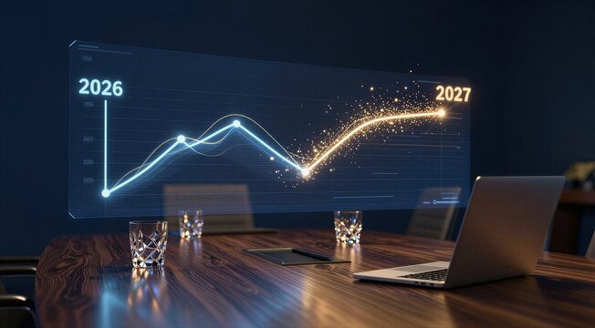 Holographic financial chart rising above conference table