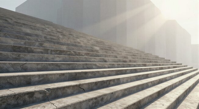 Wide concrete steps leading up to modern building in sunlight