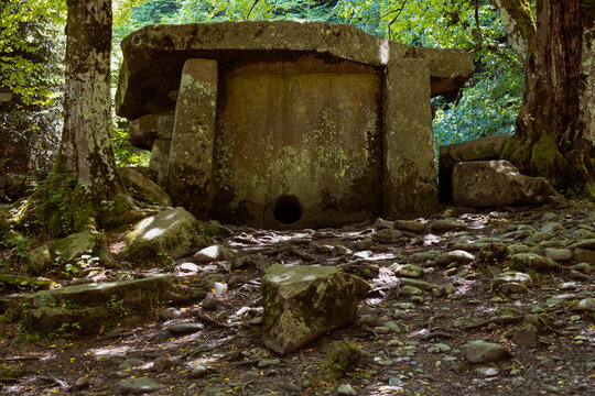 The Great Guzeripl Dolmen is the oldest religious building on a July morning. Republic of Adygea, Russian Federation