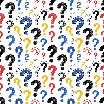 A question mark seamless pattern featuring simple hand drawn icons