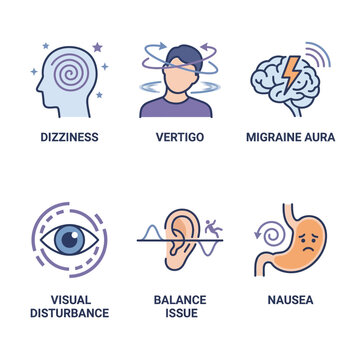 A dizziness and vertigo icon collection showcasing medical migraine symptoms