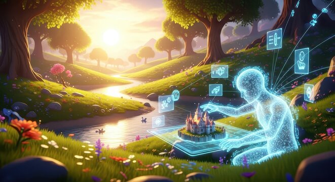 Futuristic digital human interacting with holographic castle and data in a serene natural landscape at sunset