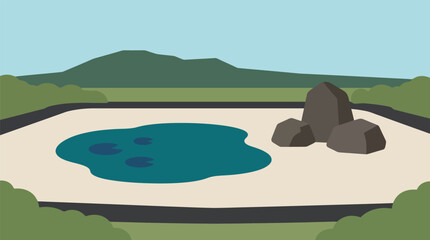Zen garden landscape with blue water pond and rocks landscape meditation © FATEMA