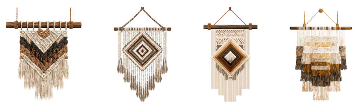 Bohemian macrame wall hangings with layered fringe patterns and geometric diamond designs, natural wood accents, boho interior decor.