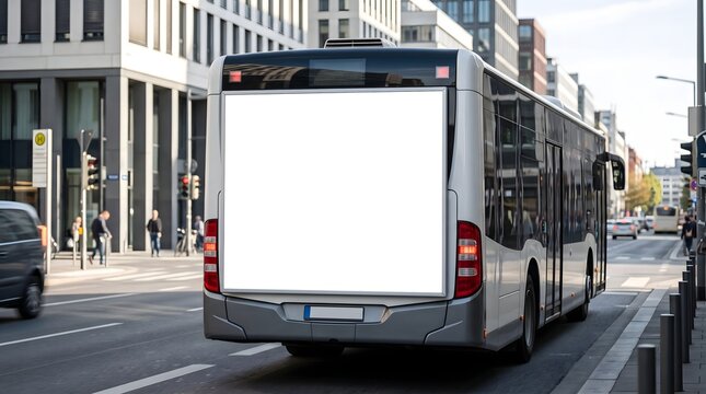 Rear view of a modern city bus with a large blank white billboard mockup on a busy urban road.
