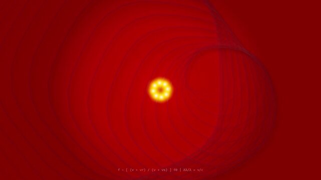 Glowing light particle travels through red tunnel with physics equation