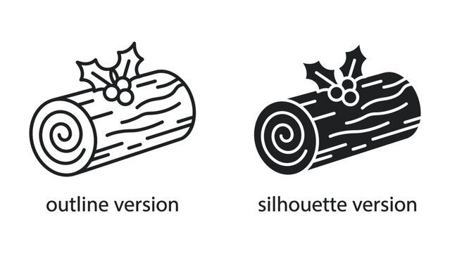 Christmas Log Icon: A festive Yule log, adorned with holly leaves and berries, presented in both outline and silhouette versions for versatile design application.