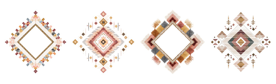 Diamond shaped boho ethnic tribal frames with fringe and geometric patterns, rustic boho design elements on transparent background.