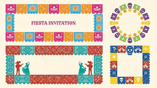 Mexican Papel Picado frames. Decorative fiesta banners for invitations and event design.