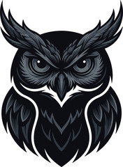 Fototapeta premium A fierce monochrome owl mascot vector logo design, featuring detailed feathers, sharp eyes, and bold black outlines.