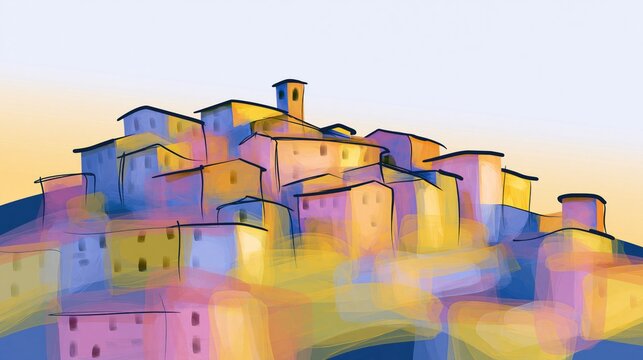 Growth and change in a colorful Mediterranean hillside village at sunset with dreamy, glowing pastel houses and a peaceful, uplifting atmosphere.
