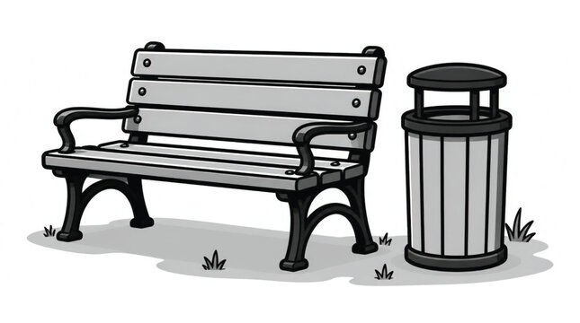 Vector illustration of a modern park bench with black legs and a grey seat, isolated on a white background.