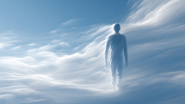Ethereal human figure walking through flowing clouds, symbolizing inner peace, emotional healing, mindfulness, resilience, hope, self discovery and mental health