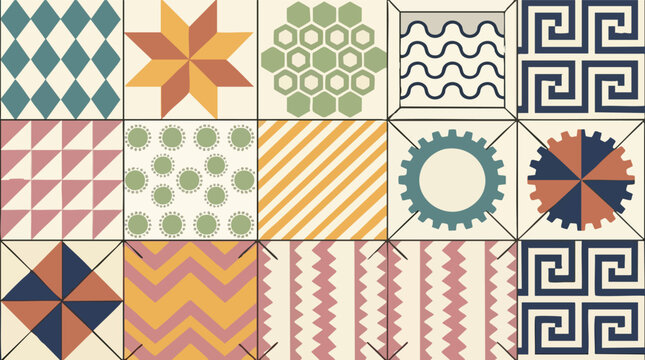 Set of assorted geometric patterns and shapes in muted retro colors with geometric