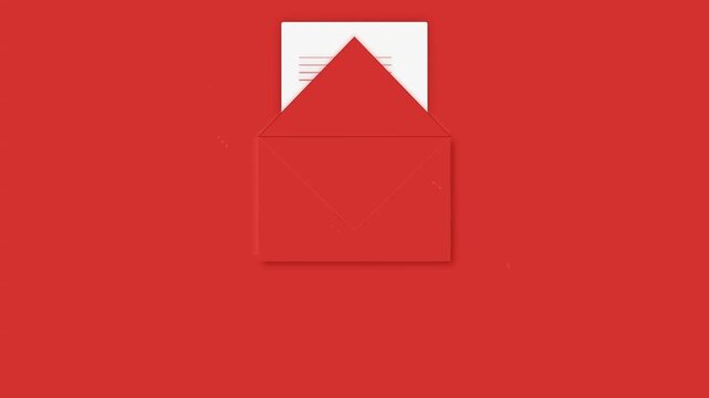 Red envelope opening with white paper sheet on solid red background
