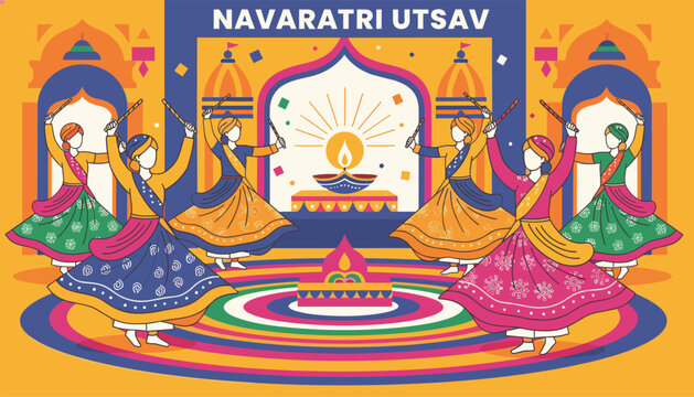 Indian women in colorful traditional attire performing garba dance with wooden sticks during navaratri utsav festival.