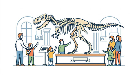 Dinosaur Skeleton Exhibit in Museum with Visitors. © konco