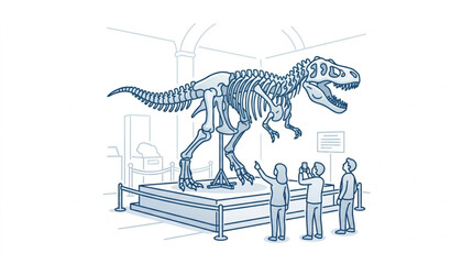 Dinosaur skeleton exhibit in museum with visitors observing. © konco