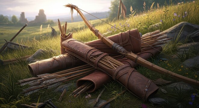 Medieval Archer's Equipment: Bows and Quivers Filled with Arrows Resting in a Grassy Field with Ancient Ruins in Background