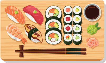 An overhead view of a sushi platter on a wooden board, featuring nigiri, maki rolls, soy sauce, and chopsticks. © Munna