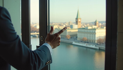 Obraz na płótnie Canvas Businessman pointing out the city view from office window in morning